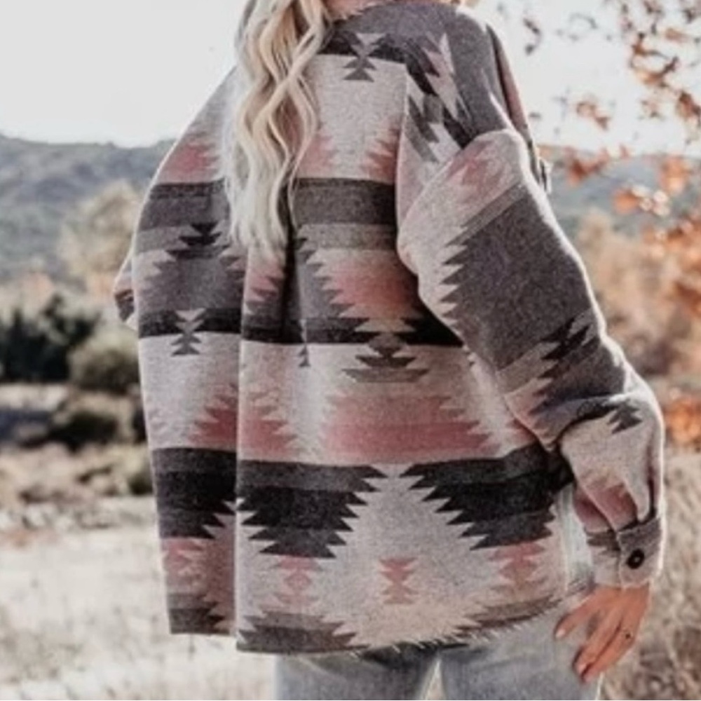 La Miel Aztec Oversized Raw Frayed Hem Jacket (S) - Picture 4 of 7